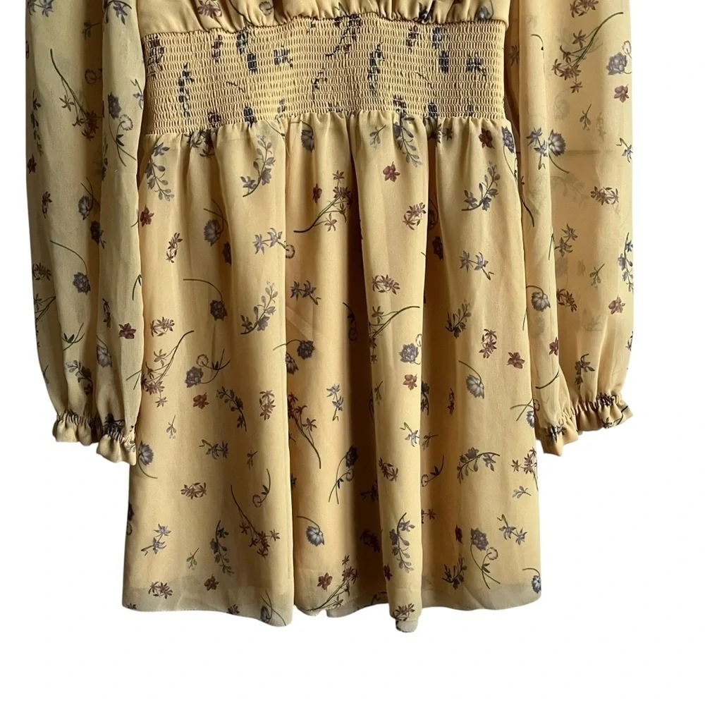 Aritzia Wilfred Wistful Dress XS Yellow Floral Chiffon Smocked Mini - Picture 4 of 10